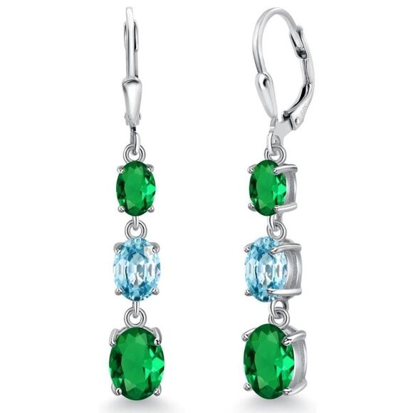 925 Sterling Silver with 4.80 Cttw 3 Stone Emerald and Blue Zircon Drop Earrings